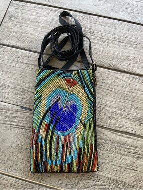 New Bamboo Trading Beaded Peacock Feather Crossbody Club Bag - Multicolor